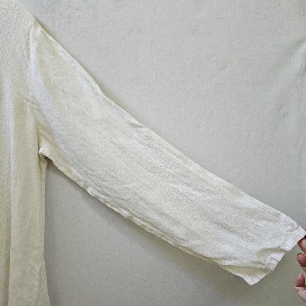 Flax Shift Dress Women's L Cream Textured 100% Linen Button Fairy Coastal Beachy